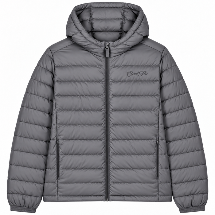 Cool Flo Puffer Jacket in anthracite with tonal embroidered Cool Flo Script logo, hood, zipped pockets and quilted finish.