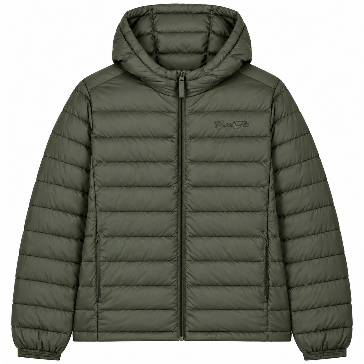 Cool Flo Puffer Jacket in Khaki with tonal embroidered Cool Flo Script logo, hood, zipped pockets and quilted finish.