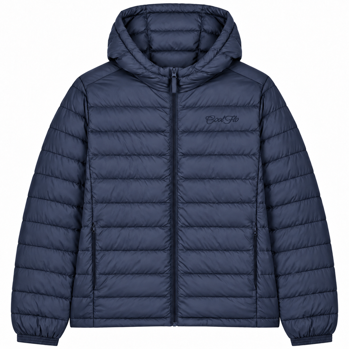 Cool Flo Puffer Jacket in navy blue with tonal embroidered Cool Flo Script logo, hood, zipped pockets and quilted finish.
