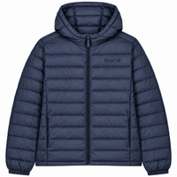 Cool Flo Puffer Jacket in navy blue with tonal embroidered Cool Flo Script logo, hood, zipped pockets and quilted finish.