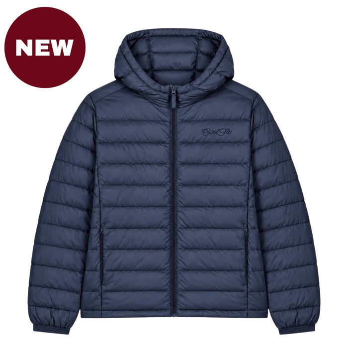 Cool Flo Puffer Jacket in navy blue with tonal embroidered Cool Flo Script logo, hood, zipped pockets and quilted finish.