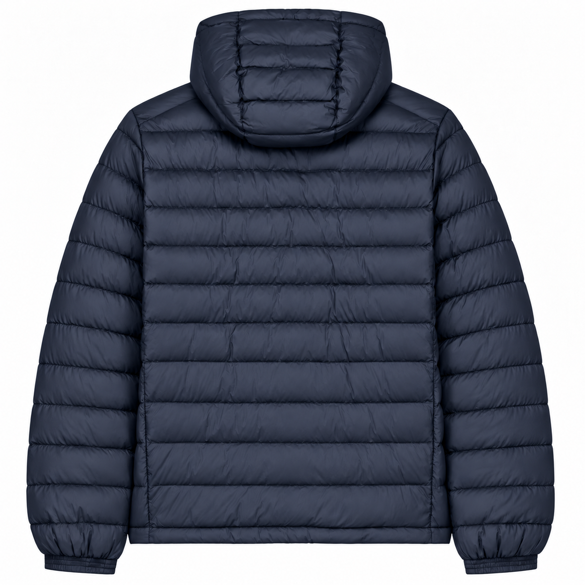 Back view of the Cool Flo Puffer Jacket in navy, showing the hood and quilted finish.