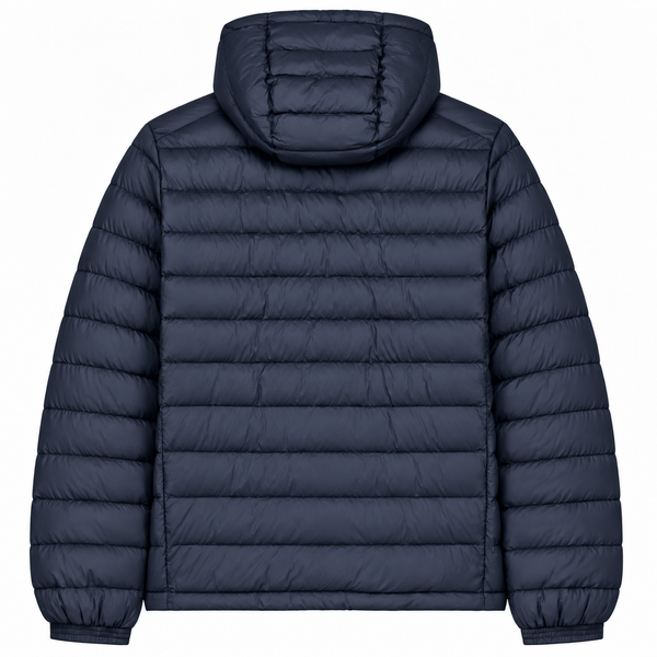 Back view of the Cool Flo Puffer Jacket in navy, showing the hood and quilted finish.