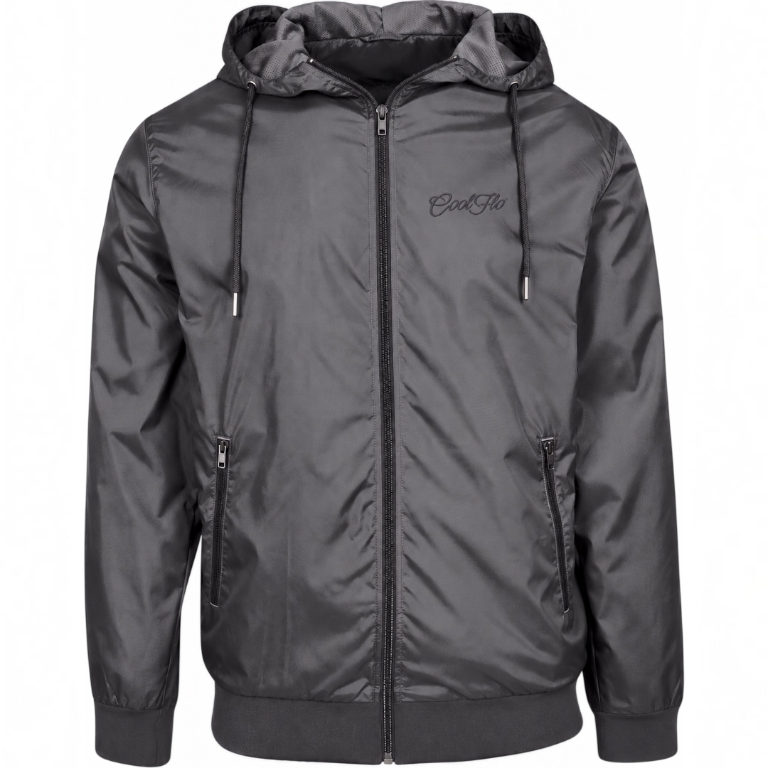 Cool Flo Wind Runner Jacket in dark grey with tonal embroidered Script logo, hood and zipped pockets.