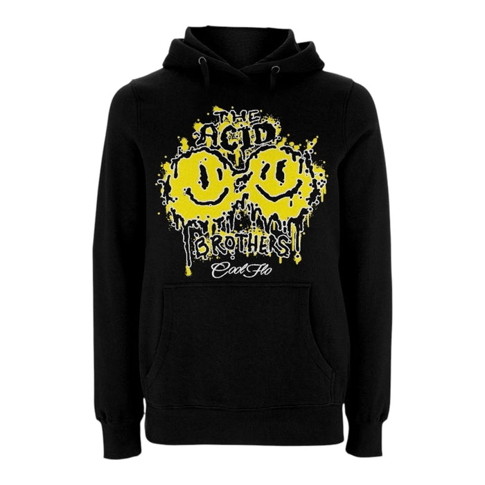 A black pullover hoody featuring a yellow and black 'smileys' graphic print on the front with the text 'THE ACID BROTHERS' and  a 'Cool Flo' script logo.