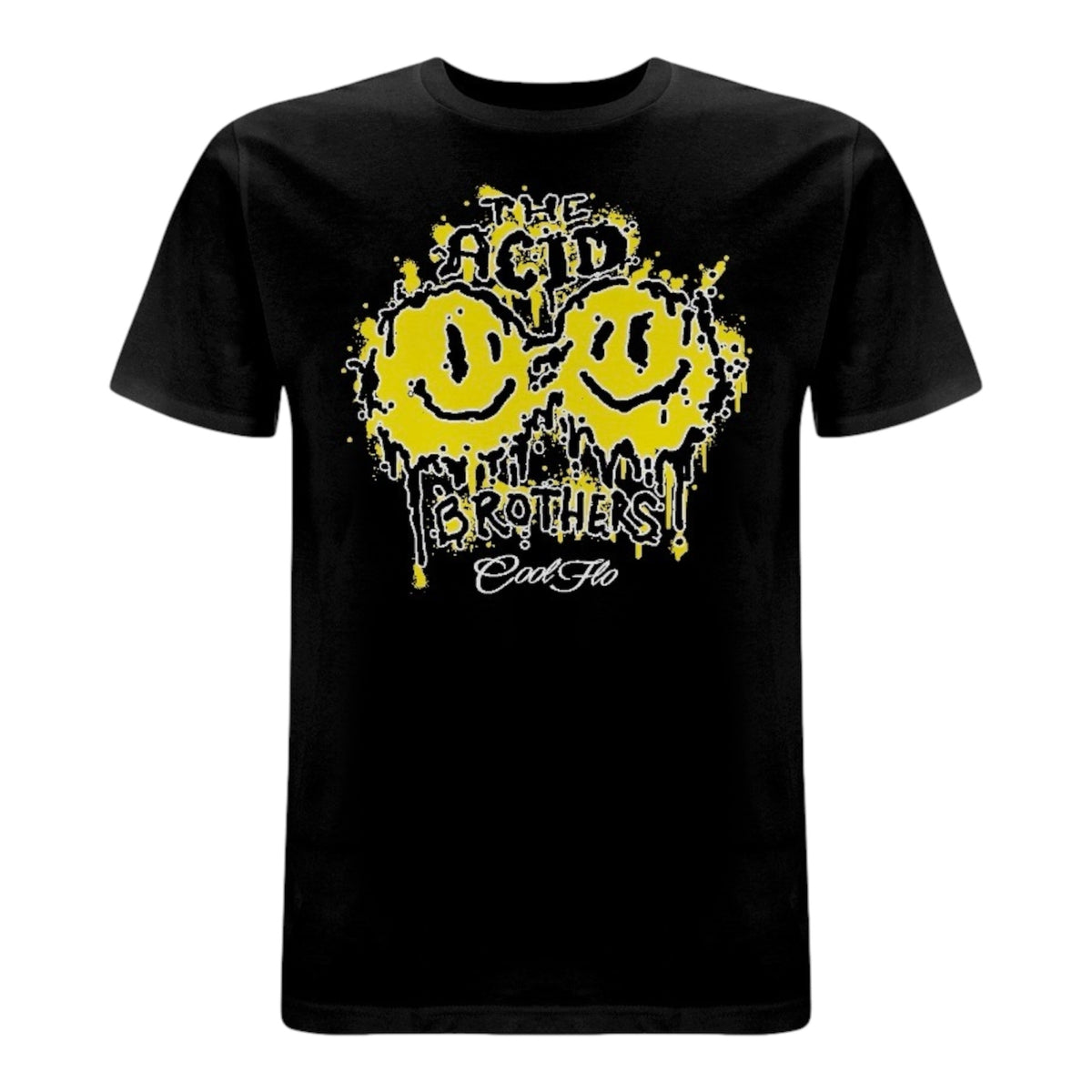 A black t-shirt featuring a yellow and black 'smileys' graphic print on the front with the text 'THE ACID BROTHERS' and  a 'Cool Flo' script logo.