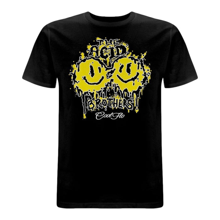 A black t-shirt featuring a yellow and black 'smileys' graphic print on the front with the text 'THE ACID BROTHERS' and  a 'Cool Flo' script logo.