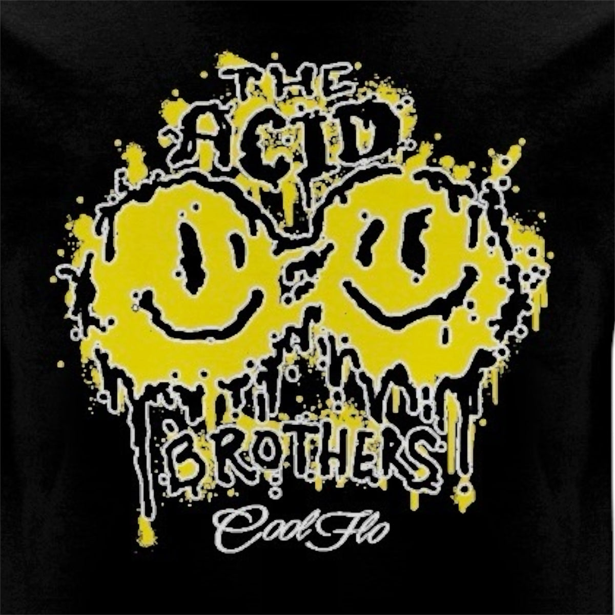 A close-up of a black t-shirt featuring a yellow and black 'smileys' graphic print on the front with the text 'THE ACID BROTHERS' and  a 'Cool Flo' script logo.