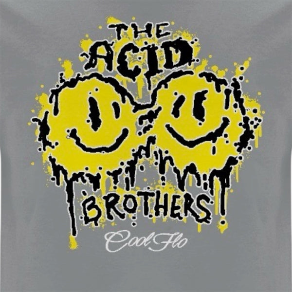 A close-up of a grey t-shirt featuring a yellow and black 'smileys' graphic print on the front with the text 'THE ACID BROTHERS' and  a 'Cool Flo' script logo.