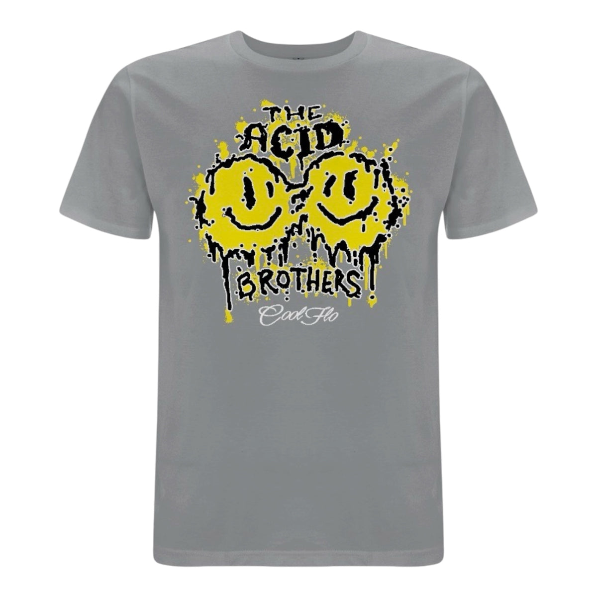 A grey t-shirt featuring a yellow and black 'smileys' graphic print on the front with the text 'THE ACID BROTHERS' and  a 'Cool Flo' script logo.