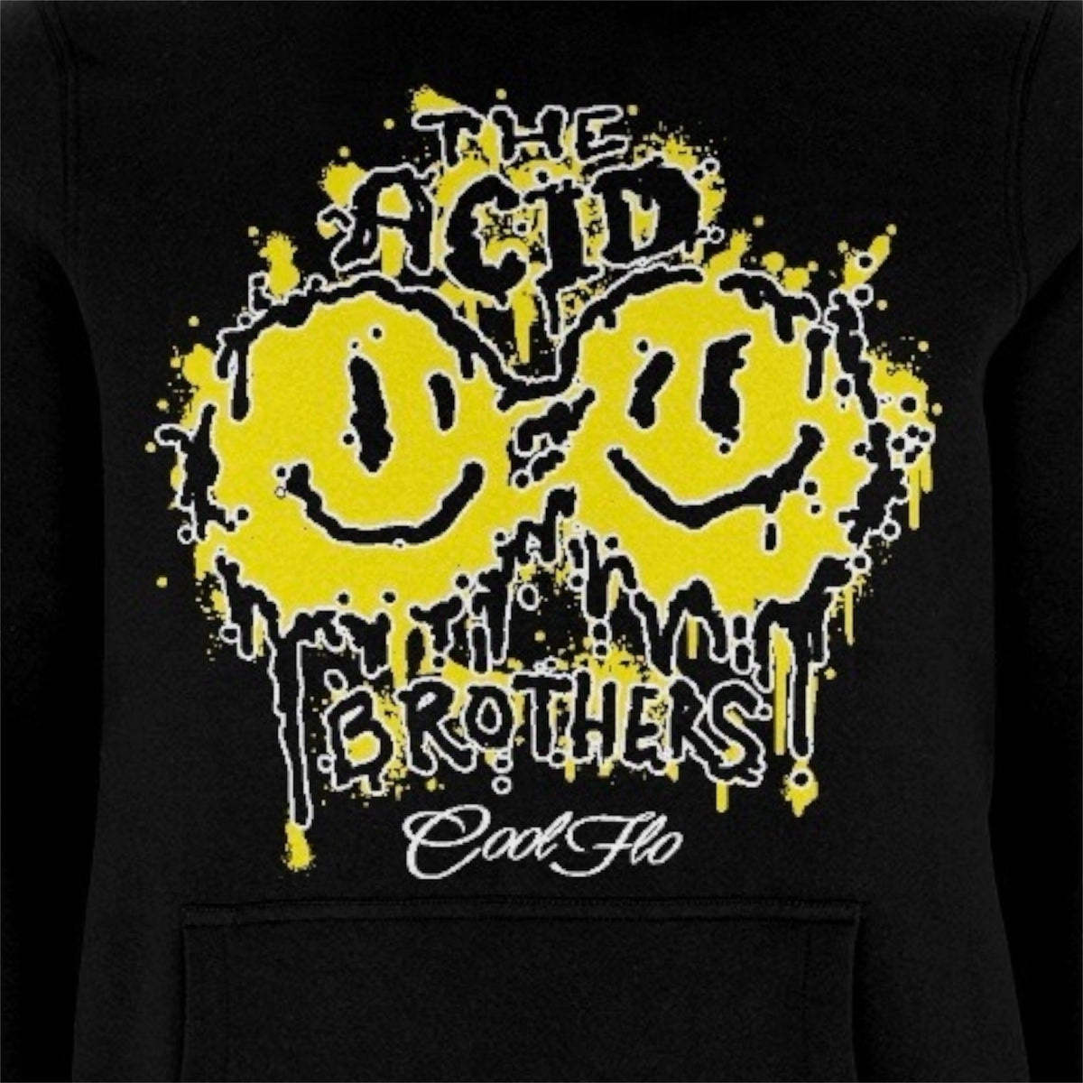 A close-up of a black pullover hoody featuring a yellow and black 'smileys' graphic print on the front with the text 'THE ACID BROTHERS' and  a 'Cool Flo' script logo.