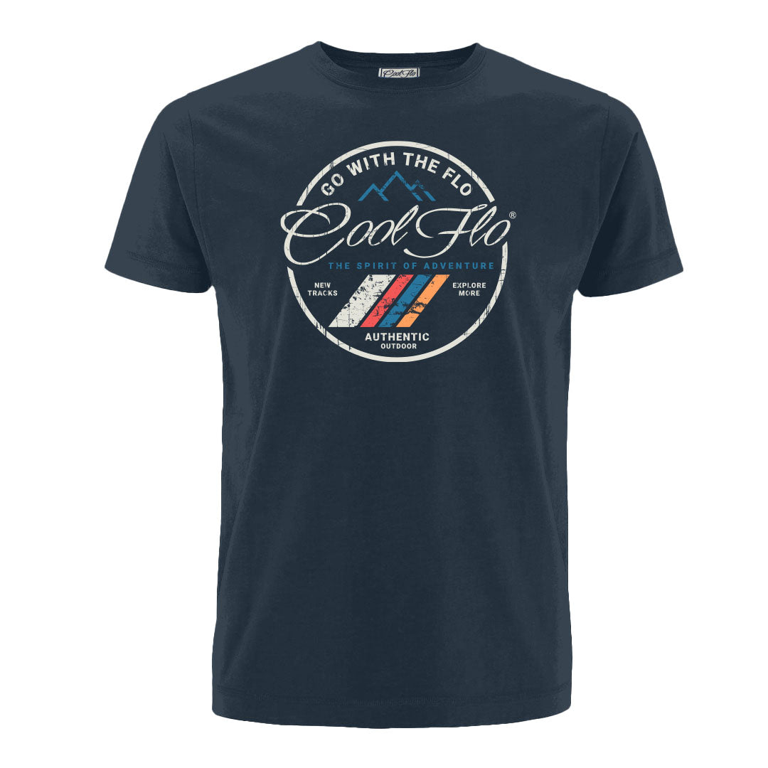 Cool Flo 'Adventure' Denim blue t-shirt with full colour print on the front.