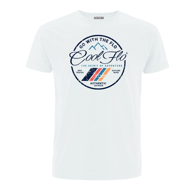 Cool Flo 'Adventure' white tee with full colour print on the front. 