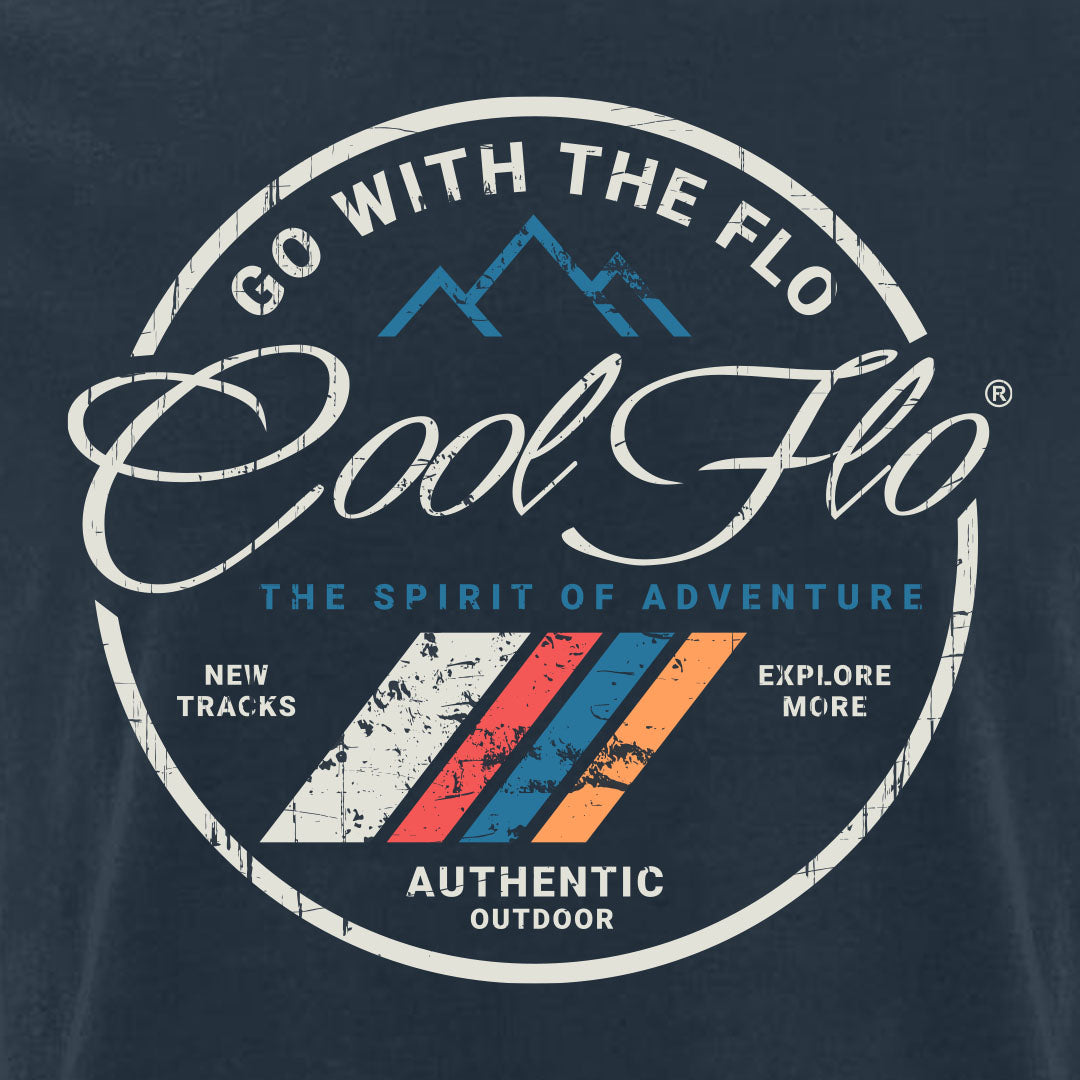 Cool Flo 'Adventure' Denim blue t-shirt with full colour print on the front.