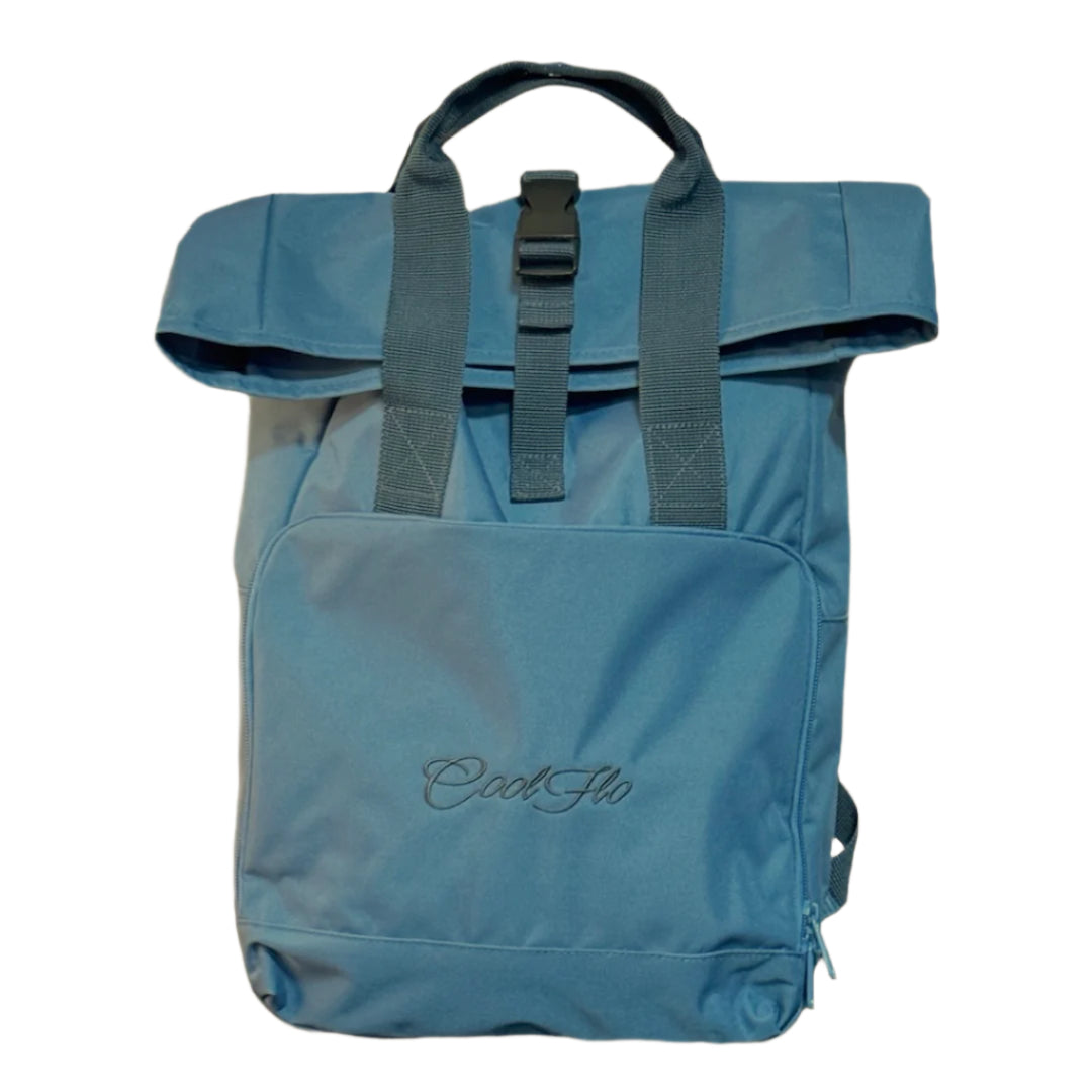 Airforce Blue roll-top back pack with Cool Flo logo embroidered on front pocket in complimentary tonal colour