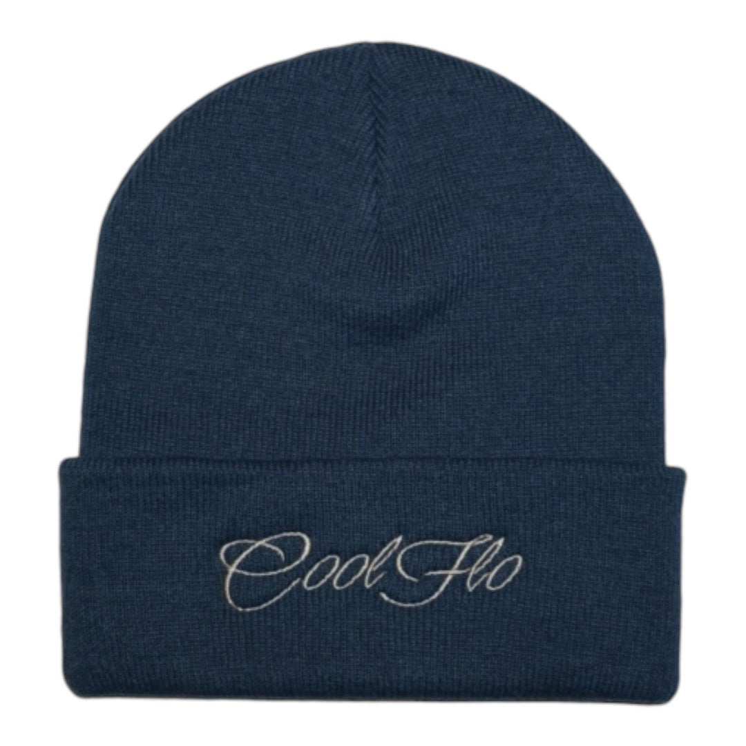 Cosy classic cuffed airforce blue beanie, featuring an embroidered Cool Flo script.  