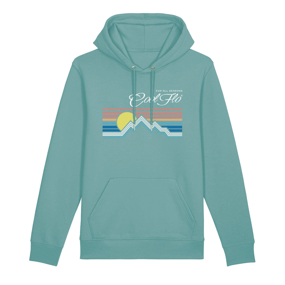 Cool Flo light teal hoody featuring a colourful linear sun and mountains design with the Cool Flo logo and 'For All Seasons' in white above.