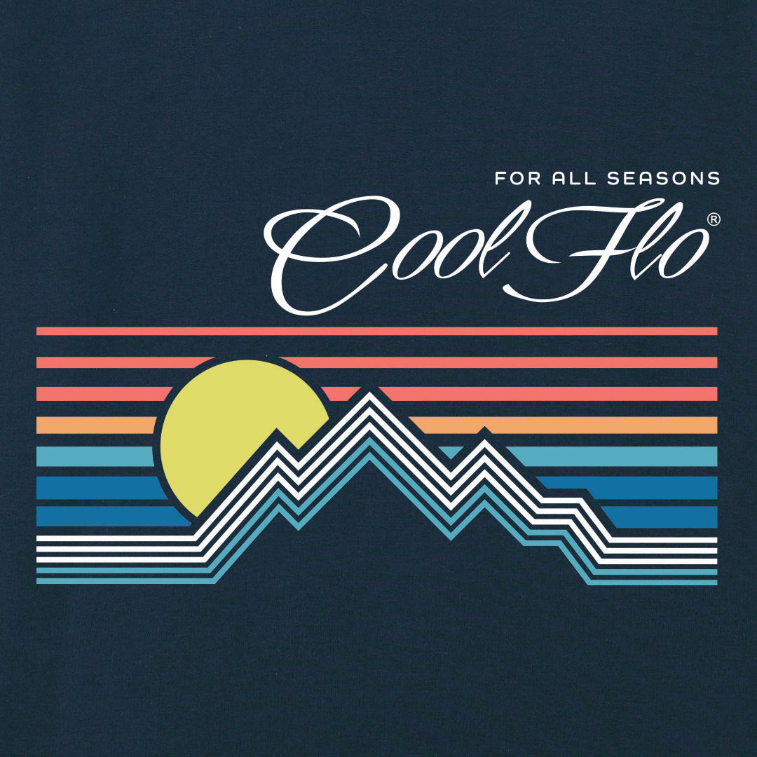 Close-up of Cool Flo navy hoody with a graphic design featuring a mountain sunset depicted by lines. For all seasons.