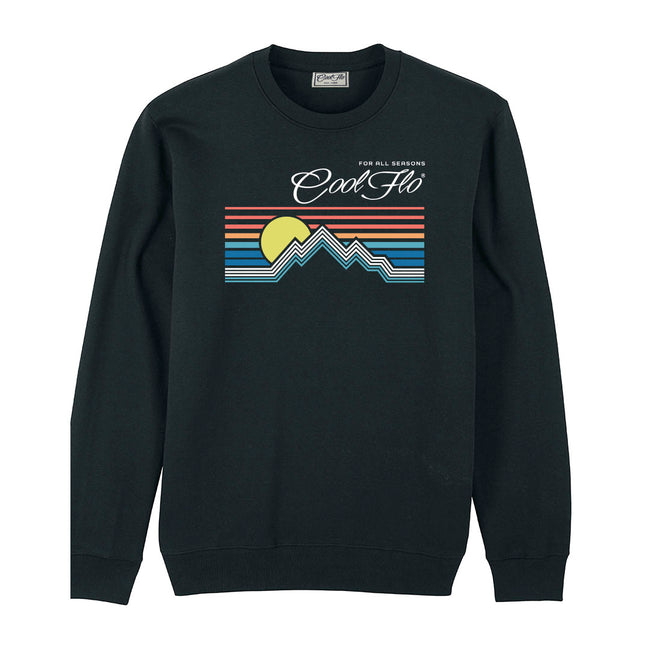 Cool Flo black sweatshirt with a graphic design featuring a mountain sunset depicted by lines. For all seasons.