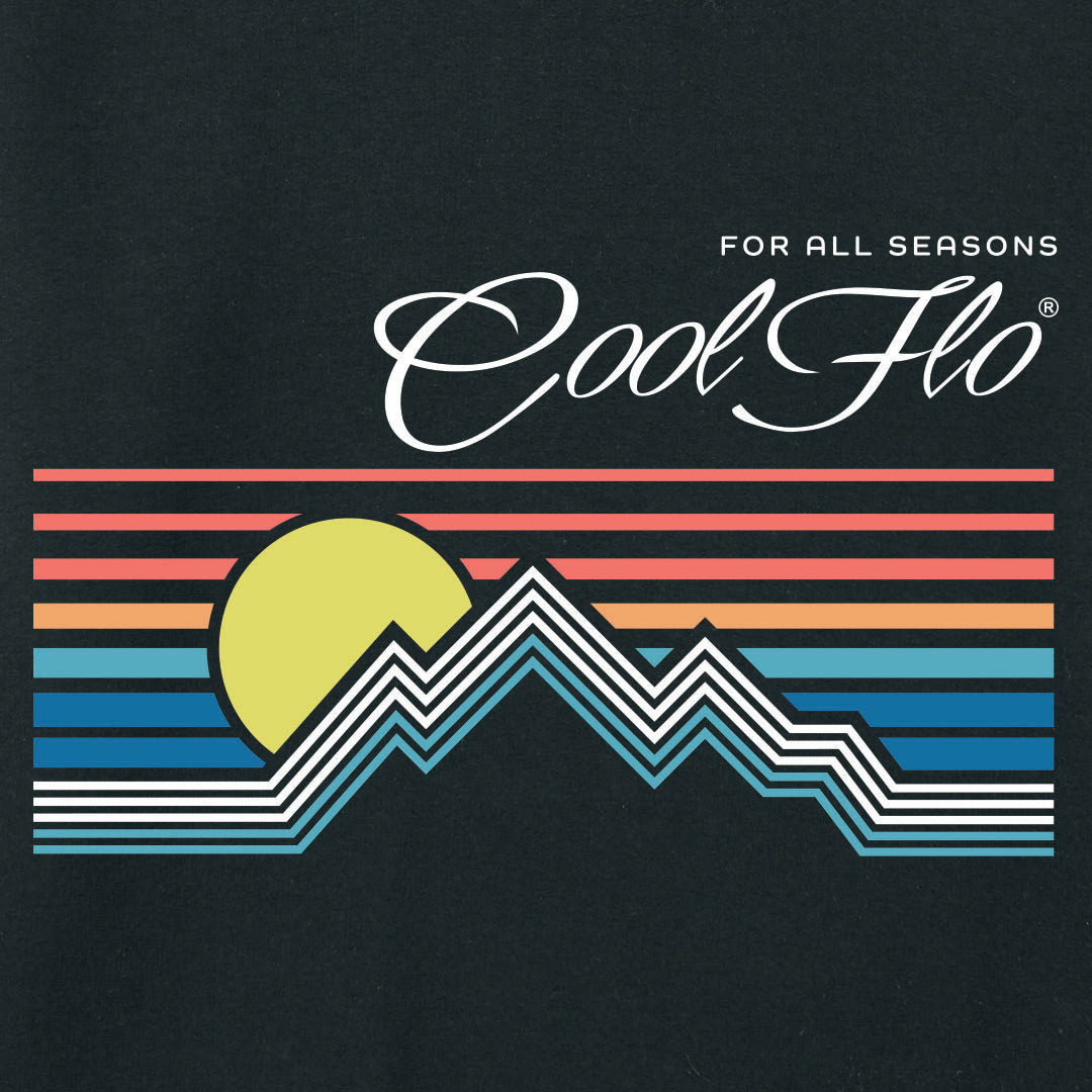 Close-up of Cool Flo black sweatshirt with a graphic design featuring a mountain sunset depicted by lines. For all seasons.