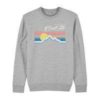 Cool Flo heather grey sweatshirt with a graphic design featuring a mountain sunset depicted by lines. For all seasons.