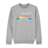 Cool Flo heather grey sweatshirt with a graphic design featuring a mountain sunset depicted by lines. For all seasons.