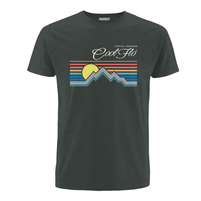 Cool Flo charcoal grey t-shirt with a graphic design featuring a mountain sunset depicted by lines. For all seasons.