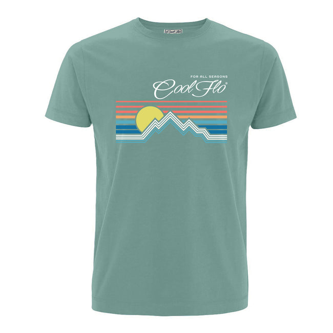 Cool Flo green t-shirt with a graphic design featuring a mountain sunset depicted by lines. For all seasons.