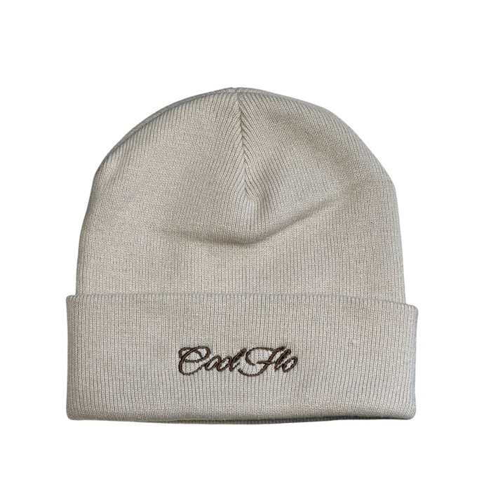 Cool Flo Cuffed Beanie Hat in an almond colour with a brown Cool Flo embroidered logo on the cuff.