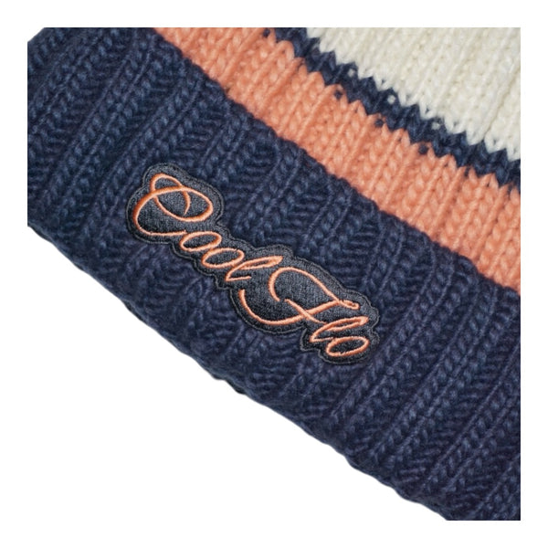 Chunky-knit bobble hat with script logo and large pom pom. Blue, pink and cream.  