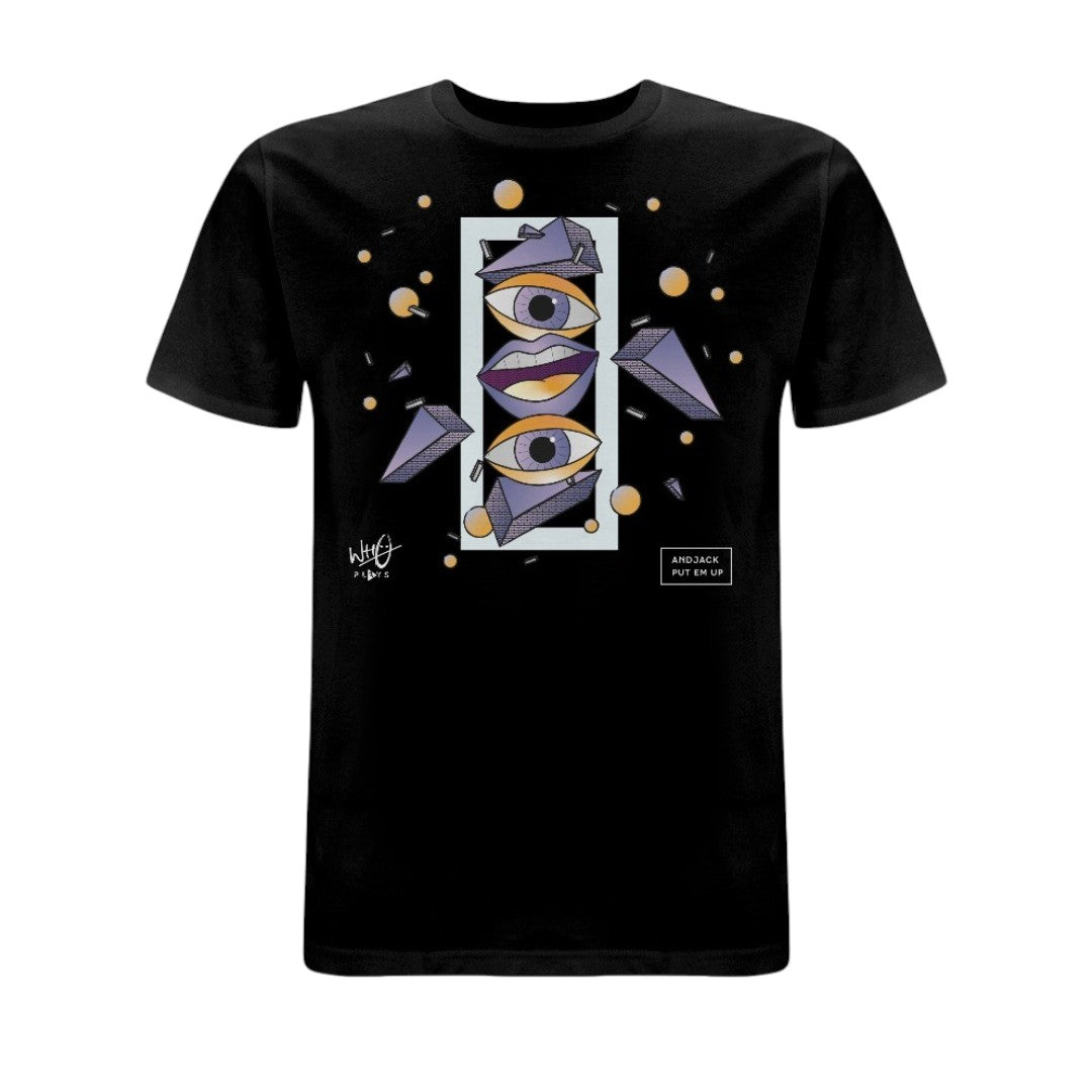 Black Wh0 Plays ‘And Jack Put Em Up’ T-shirt featuring abstract geometric artwork with illustrated eyes and lips in purple and gold tones on the front chest.