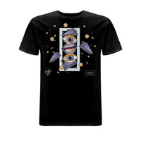 Black Wh0 Plays ‘And Jack Put Em Up’ T-shirt featuring abstract geometric artwork with illustrated eyes and lips in purple and gold tones on the front chest.