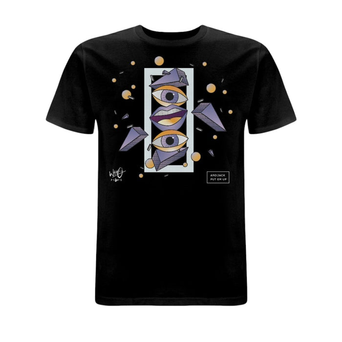 Black Wh0 Plays ‘And Jack Put Em Up’ T-shirt featuring abstract geometric artwork with illustrated eyes and lips in purple and gold tones on the front chest.