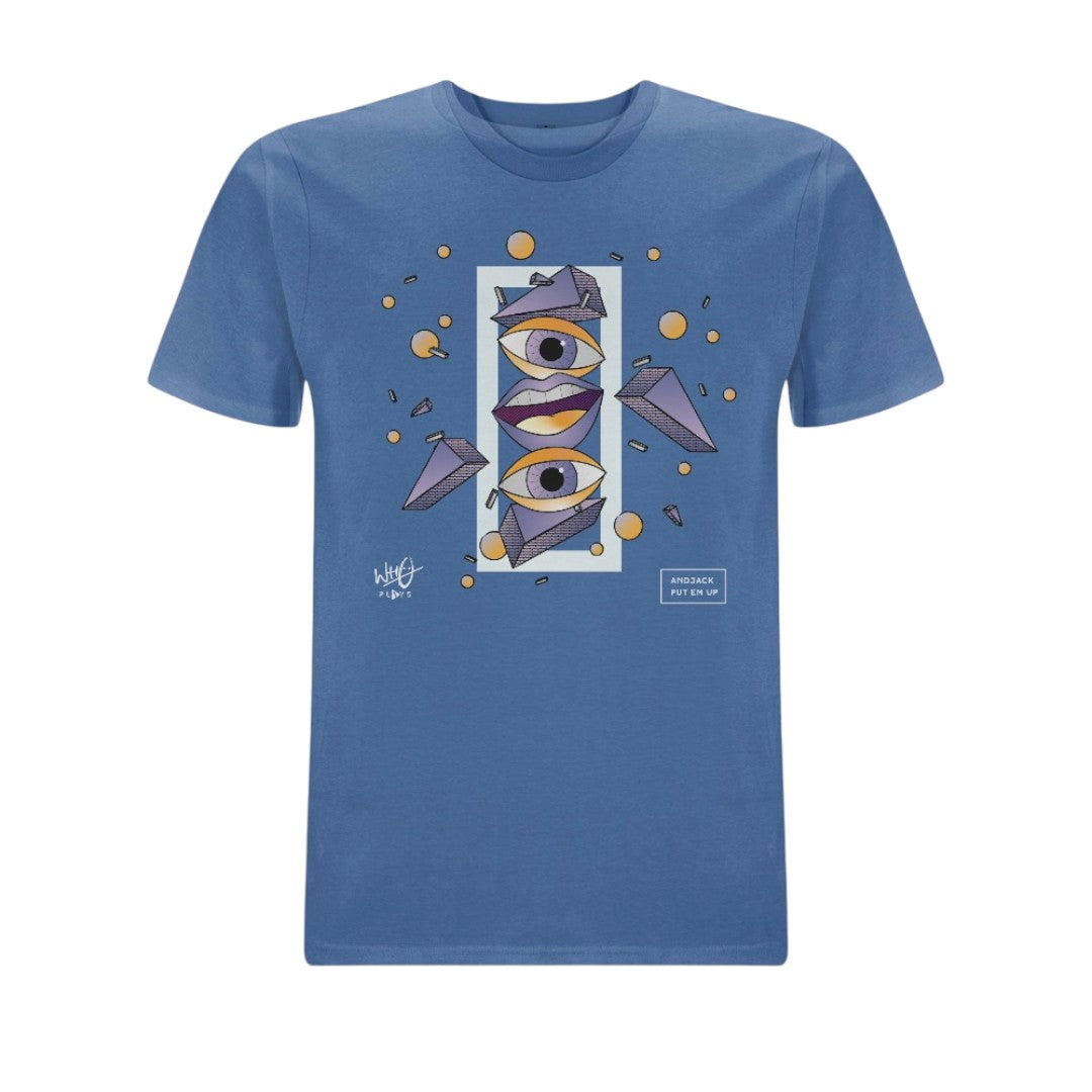 Blue Wh0 Plays ‘And Jack Put Em Up’ T-shirt featuring abstract geometric artwork with illustrated eyes and lips in purple and gold tones on the front chest.