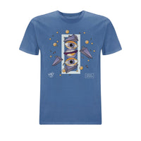 Blue Wh0 Plays ‘And Jack Put Em Up’ T-shirt featuring abstract geometric artwork with illustrated eyes and lips in purple and gold tones on the front chest.