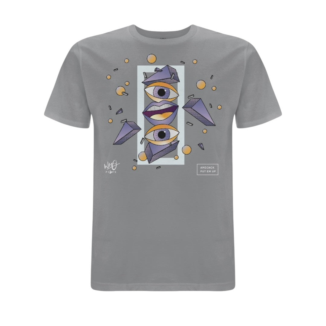 Grey Wh0 Plays ‘And Jack Put Em Up’ T-shirt featuring abstract geometric artwork with illustrated eyes and lips in purple and gold tones on the front chest.