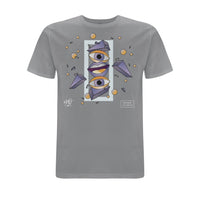 Grey Wh0 Plays ‘And Jack Put Em Up’ T-shirt featuring abstract geometric artwork with illustrated eyes and lips in purple and gold tones on the front chest.