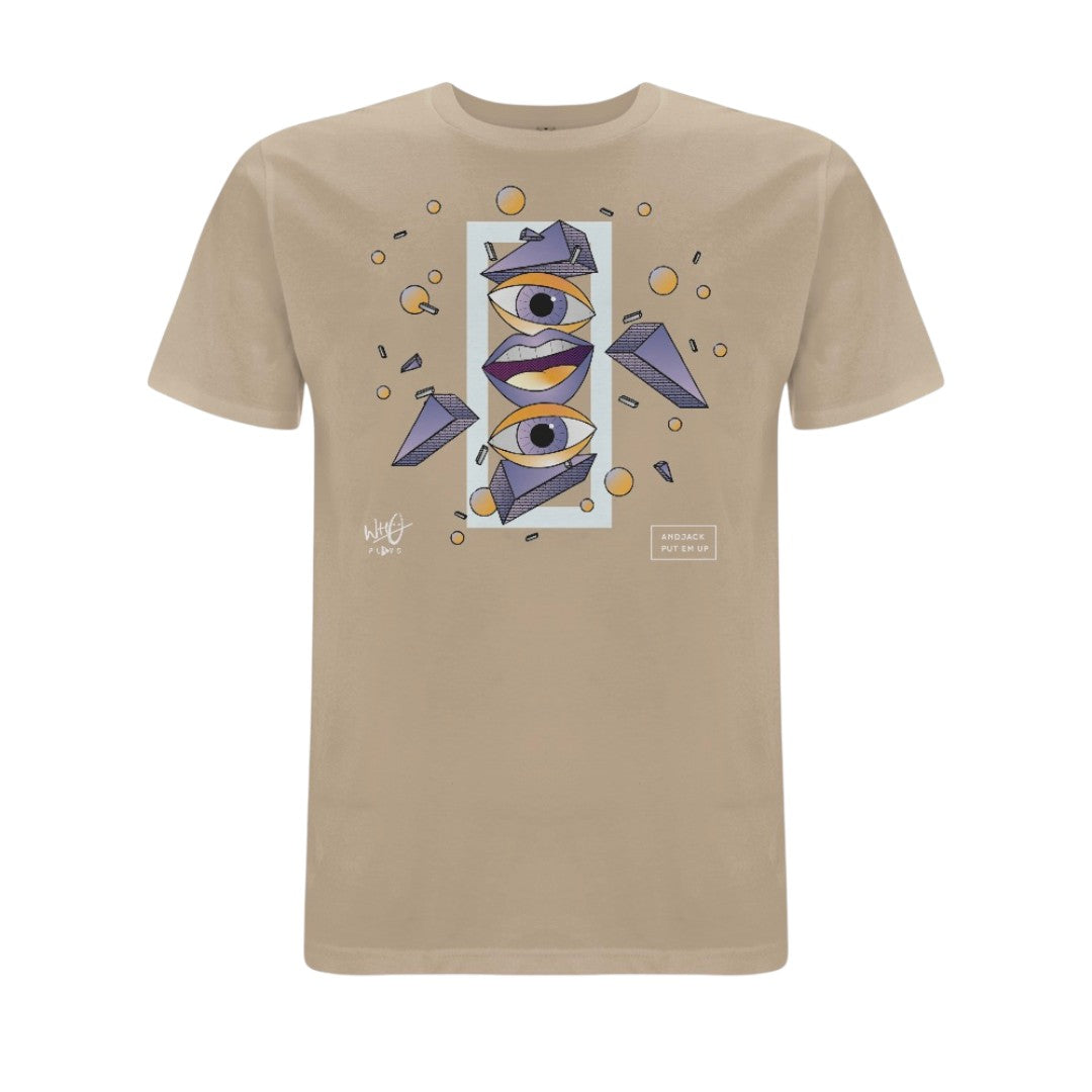 Stone-coloured Wh0 Plays ‘And Jack Put Em Up’ T-shirt featuring abstract geometric artwork with illustrated eyes and lips in purple and gold tones on the front chest.