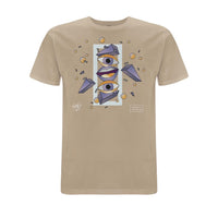 Stone-coloured Wh0 Plays ‘And Jack Put Em Up’ T-shirt featuring abstract geometric artwork with illustrated eyes and lips in purple and gold tones on the front chest.
