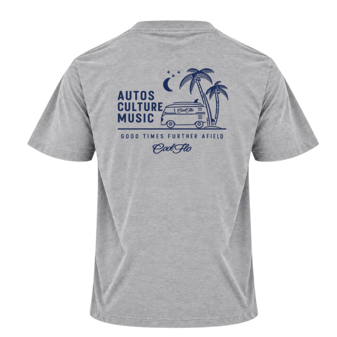 Back view of Cool Flo grey t-shirt, featuring a navy graphic print that reads 'AUTOS CULTURE MUSIC' with an illustration of palm trees, a VW bus and surf board sitting above the phrase 'GOOD TIMES FURTHER AFIELD' and a central 'Cool Flo' logo.