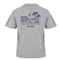 Back view of Cool Flo grey t-shirt, featuring a navy graphic print that reads 'AUTOS CULTURE MUSIC' with an illustration of palm trees, a VW bus and surf board sitting above the phrase 'GOOD TIMES FURTHER AFIELD' and a central 'Cool Flo' logo.