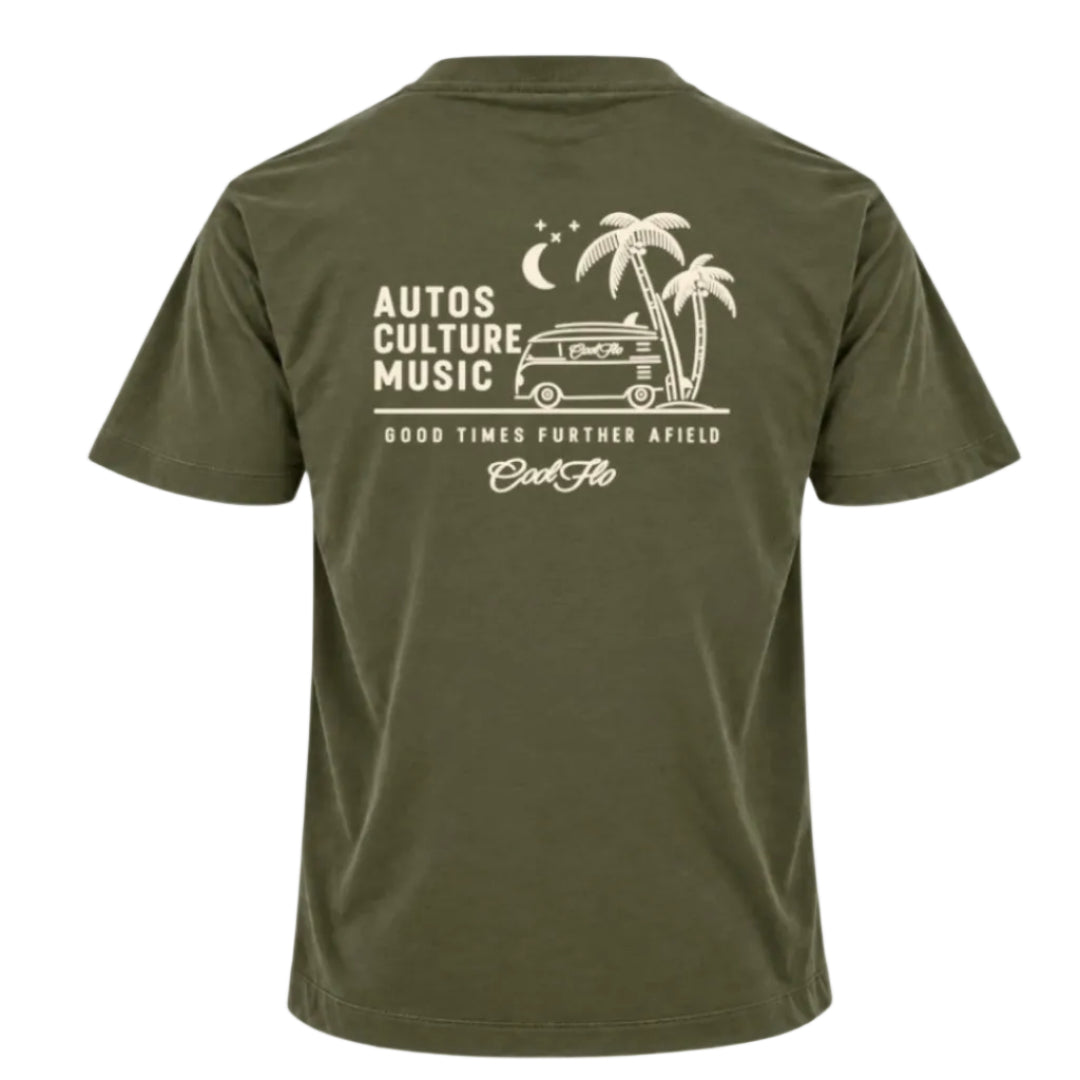 Back view of Cool Flo khaki t-shirt, featuring a cream graphic print that reads 'AUTOS CULTURE MUSIC' with an illustration of palm trees, a VW bus and surf board sitting above the phrase 'GOOD TIMES FURTHER AFIELD' and a central 'Cool Flo' logo.