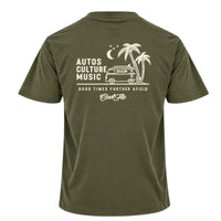 Back view of Cool Flo khaki t-shirt, featuring a cream graphic print that reads 'AUTOS CULTURE MUSIC' with an illustration of palm trees, a VW bus and surf board sitting above the phrase 'GOOD TIMES FURTHER AFIELD' and a central 'Cool Flo' logo.