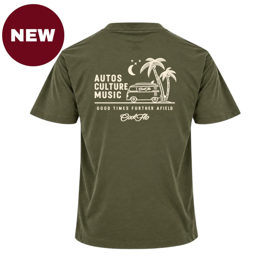 'NEW' Back view of Cool Flo khaki t-shirt, featuring a cream graphic print that reads 'AUTOS CULTURE MUSIC' with an illustration of palm trees, a VW bus and surf board sitting above the phrase 'GOOD TIMES FURTHER AFIELD' and a central 'Cool Flo' logo.