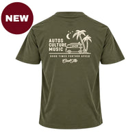 'NEW' Back view of Cool Flo khaki t-shirt, featuring a cream graphic print that reads 'AUTOS CULTURE MUSIC' with an illustration of palm trees, a VW bus and surf board sitting above the phrase 'GOOD TIMES FURTHER AFIELD' and a central 'Cool Flo' logo.