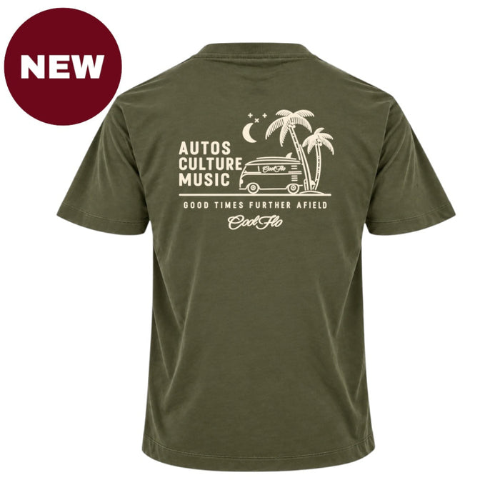 'NEW' Back view of Cool Flo khaki t-shirt, featuring a cream graphic print that reads 'AUTOS CULTURE MUSIC' with an illustration of palm trees, a VW bus and surf board sitting above the phrase 'GOOD TIMES FURTHER AFIELD' and a central 'Cool Flo' logo.