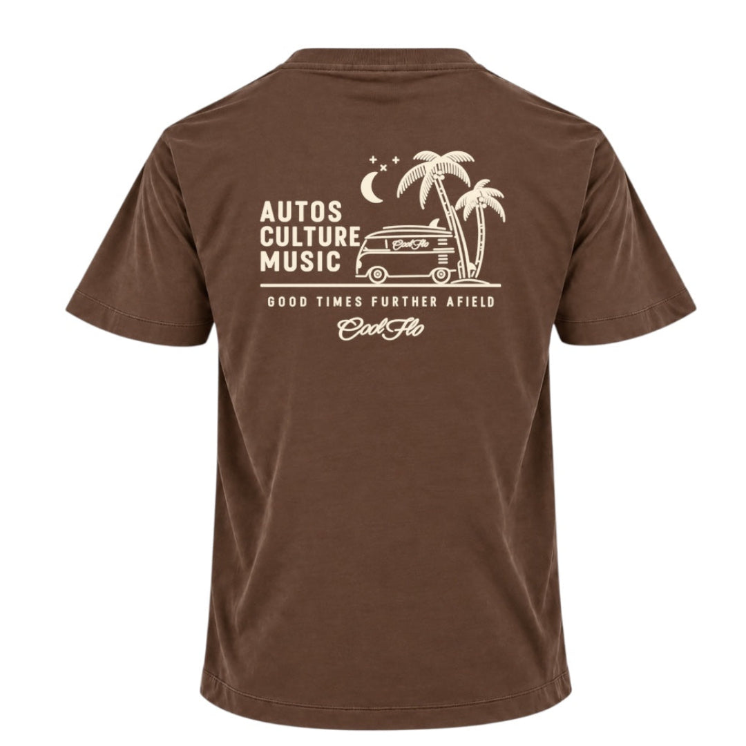 Back view of Cool Flo mocha t-shirt, featuring a cream graphic print that reads 'AUTOS CULTURE MUSIC' with an illustration of palm trees, a VW bus and surf board sitting above the phrase 'GOOD TIMES FURTHER AFIELD' and a central 'Cool Flo' logo.