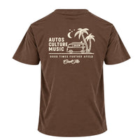Back view of Cool Flo mocha t-shirt, featuring a cream graphic print that reads 'AUTOS CULTURE MUSIC' with an illustration of palm trees, a VW bus and surf board sitting above the phrase 'GOOD TIMES FURTHER AFIELD' and a central 'Cool Flo' logo.