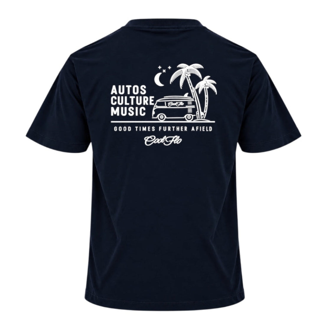 Back view of Cool Flo navy blue t-shirt, featuring a white graphic print that reads 'AUTOS CULTURE MUSIC' with an illustration of palm trees, a VW bus and surf board sitting above the phrase 'GOOD TIMES FURTHER AFIELD' and a central 'Cool Flo' logo.