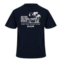 Back view of Cool Flo navy blue t-shirt, featuring a white graphic print that reads 'AUTOS CULTURE MUSIC' with an illustration of palm trees, a VW bus and surf board sitting above the phrase 'GOOD TIMES FURTHER AFIELD' and a central 'Cool Flo' logo.